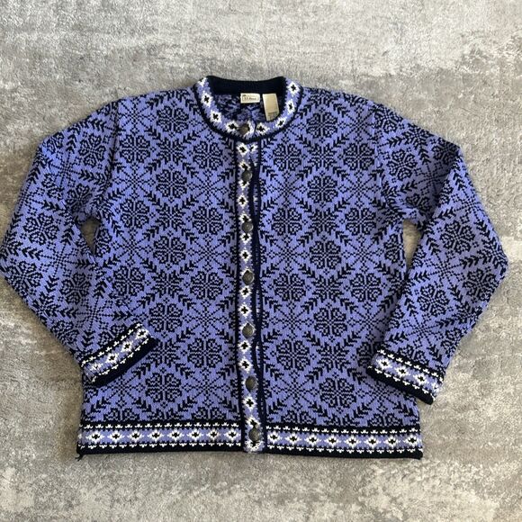 LL Bean Nordic Cardigan Sweater Cotton Womens Small Snowflake Purple Button Up - Picture 1 of 7